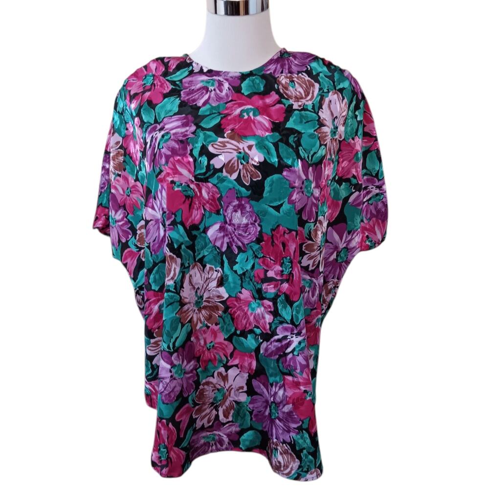 VINTAGE 80s 90s Blouse Top 18W‎ Shiny Floral Bright Colorful Office Career Event